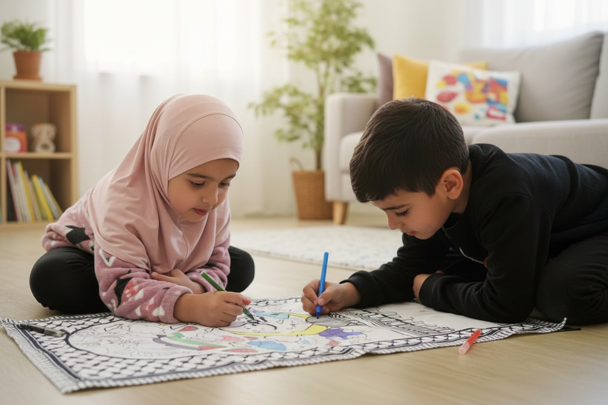 Muslim children coloring together